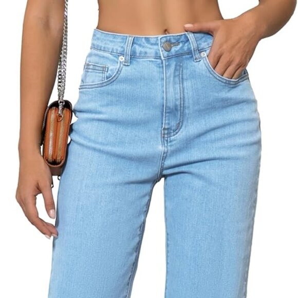 Womens Jeans High Waisted Straight Leg Loose Stretchy Lightweight Tummy Control